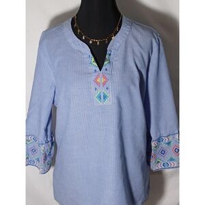 Alfred Dunner Shirt Womens Petite Small Blue Stripe Embroidered 3/4 Sleeve Boho
